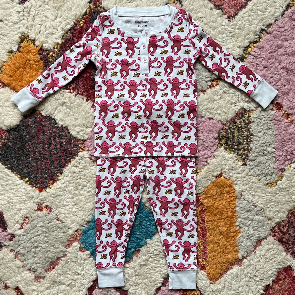 Roller Rabbit Pink Monkey Print Kids Pajama Set - White & Pink